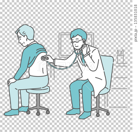 白衣を着用した男性医師による高齢男性の背中の聴診イラスト 135831018