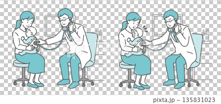 Illustration set of auscultation of a baby's back by a male doctor wearing a white coat (normal, abnormal, unwell) Illustration set of auscultation of a baby's back by a male doctor wearing a white coat (normal, abnormal, unwell) 135831023