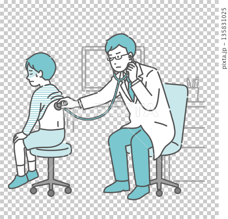 背中の聴診を受ける冷や汗をかいた男の子と深刻な表情の白衣の男性医師のイラスト 背中の聴診を受ける冷や汗をかいた男の子と深刻な表情の白衣の男性医師のイラスト 135831025