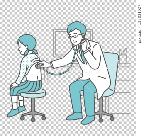 白衣を着用した男性医師による女の子の背中の聴診イラスト 135831027