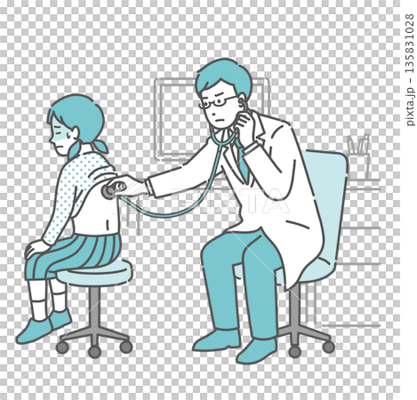 背中の聴診を受ける冷や汗をかいた女の子と深刻な表情の白衣の男性医師のイラスト 背中の聴診を受ける冷や汗をかいた女の子と深刻な表情の白衣の男性医師のイラスト 135831028