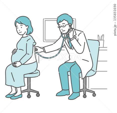 白衣を着用した男性医師による妊婦の背中の聴診イラスト(妊婦健診) 白衣を着用した男性医師による妊婦の背中の聴診イラスト(妊婦健診) 135831030