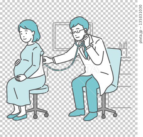 白衣を着用した男性医師による妊婦の背中の聴診イラスト(妊婦健診) 白衣を着用した男性医師による妊婦の背中の聴診イラスト(妊婦健診) 135831030