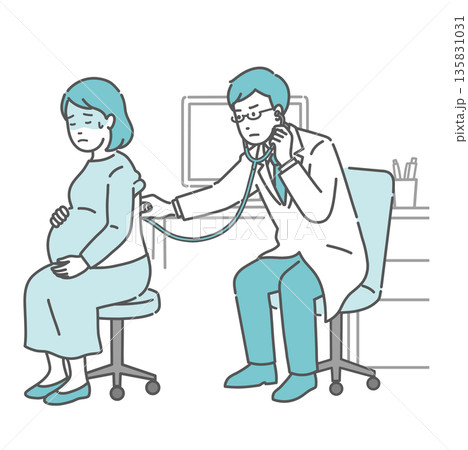 背中の聴診を受ける冷や汗をかいた妊婦と深刻な表情の白衣の男性医師のイラスト 背中の聴診を受ける冷や汗をかいた妊婦と深刻な表情の白衣の男性医師のイラスト 135831031