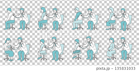 Illustration set of auscultation of the back by a male doctor wearing a white coat (men and women of all ages, pregnant women, infants) 135831033