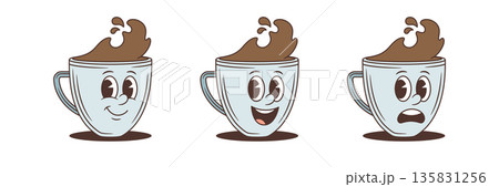 Emotional Coffee Cup Faces Set Retro Cartoon Character Vector Graphic Illustration Emotional Coffee Cup Faces Set Retro Cartoon Character Vector Graphic Illustration 135831256