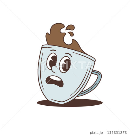 Funny Surprised Coffee Cup Mascot Retro Cartoon Character Vector Illustration Art 135831278