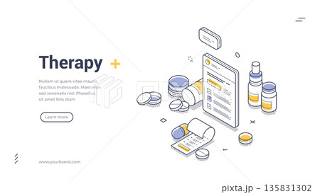 Online Therapy And Medical Prescription Service Isometric Web Banner Vector Illustration 135831302