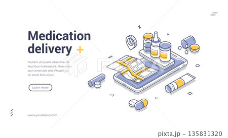 Medication Delivery And Online Pharmacy Service Isometric Banner Vector Illustration Medication Delivery And Online Pharmacy Service Isometric Banner Vector Illustration 135831320