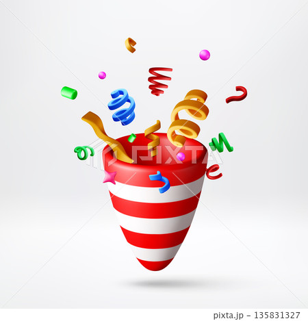 3D party popper exploding with colorful confetti 135831327