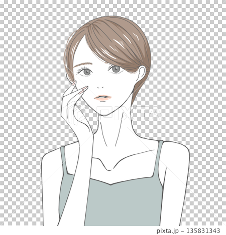 A woman with her hand on her right cheek (brown hair) 135831343