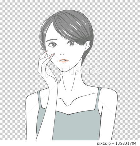 A woman with her hand on her right cheek (black hair) 135831704