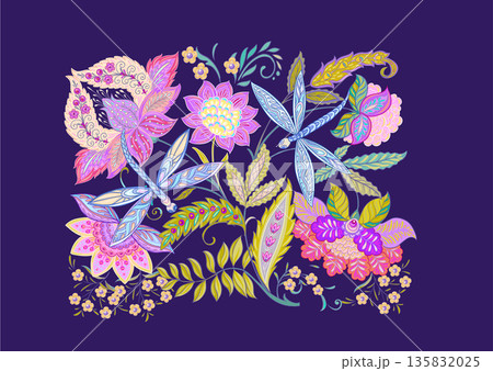 Fantasy flowers in retro, vintage, jacobean embroidery style 135832025