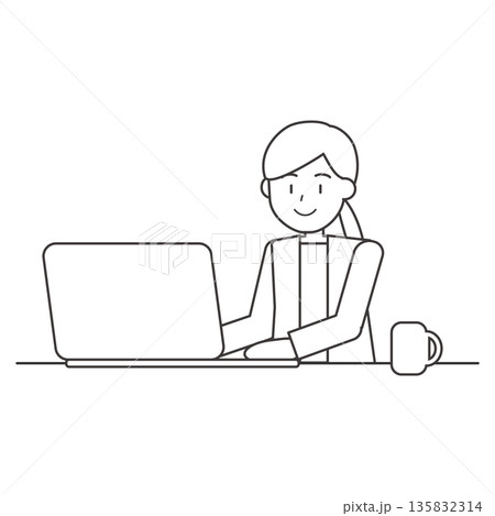 ノートパソコンで作業する女性の線画イラスト　オフィスワーク素材 135832314