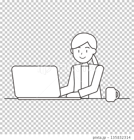 ノートパソコンで作業する女性の線画イラスト　オフィスワーク素材 135832314