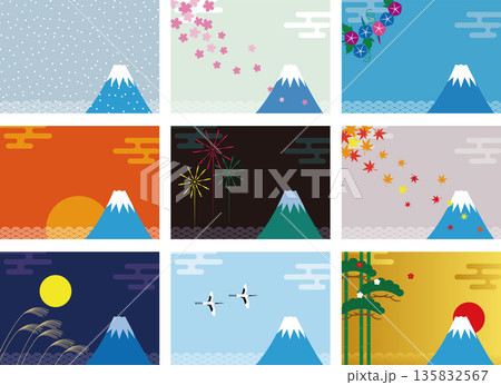 日本の富士山と青海波と四季の風景・風物詩・行事のバリエーションイラスト 日本の富士山と青海波と四季の風景・風物詩・行事のバリエーションイラスト 135832567