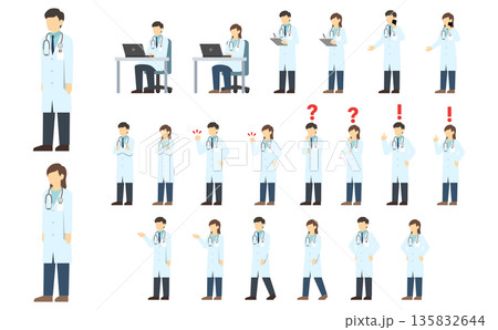 フラットイラスト:男女の医師セット フラットイラスト:男女の医師セット 135832644