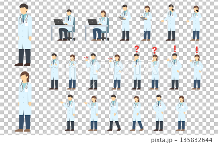 フラットイラスト:男女の医師セット フラットイラスト:男女の医師セット 135832644
