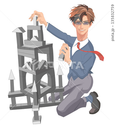 Male architect making model building. Model of the building. Project concept. Man builds a structure with toy blocks Male architect making model building. Model of the building. Project concept. Man builds a structure with toy blocks 135832759