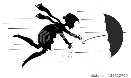 Windy weather. Woman. Umbrella. A woman tries to catch an umbrella blown away by the wind. Black on white background illustration 135832760