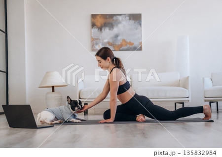 Laptop is on the floor. Woman with pug dog is doing yoga at home Laptop is on the floor. Woman with pug dog is doing yoga at home 135832984