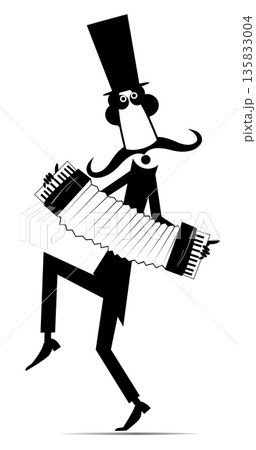 Cartoon man playing accordion and singing. Musician man in the top hat playing accordion and singing. Black and white illustration Cartoon man playing accordion and singing. Musician man in the top hat playing accordion and singing. Black and white illustration 135833004