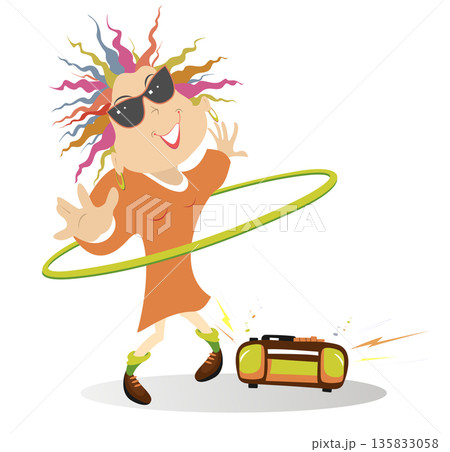Cheerful young woman spins a hula hoop to music. Happy girl hooping engaged in workout or fitness to music on boom box Cheerful young woman spins a hula hoop to music. Happy girl hooping engaged in workout or fitness to music on boom box 135833058