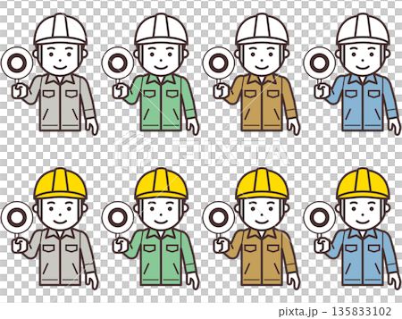 Icon of a man wearing a helmet and work clothes raising a correct answer tag 135833102