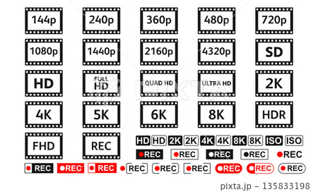 Display Resolution Icons Set with REC Labels, HD 4K 8K Film Frame Style 135833198