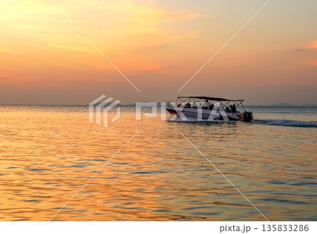 Fast motorboat carries tourists across ocean. Speedboat moves sea on sunset near coastline Fast motorboat carries tourists across ocean. Speedboat moves sea on sunset near coastline 135833286