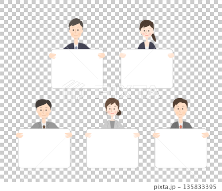 Men and women in suits holding white boards 135833395