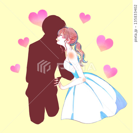向かい合う新郎新婦　相手がシルエット 135833402