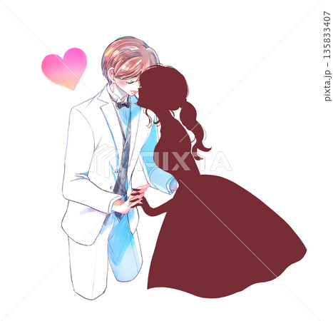 向かい合う新郎新婦　相手がシルエット 135833407