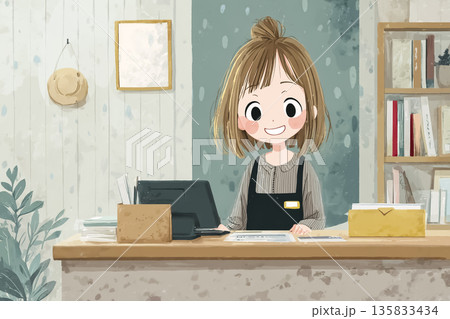 受付カウンターで働く女性スタッフ｜親しみやすいオフィス受付のイメージ 135833434