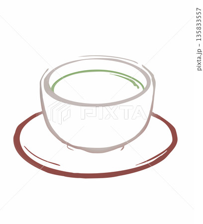 お茶　湯呑に入った日本茶の線画イラスト 135833557