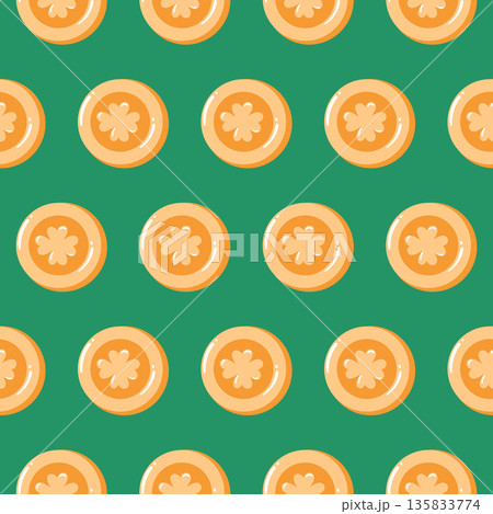 Golden coins embossed with shamrocks create a wealthy and lucky pattern. Ideal for festive wrapping paper or St Patricks Day backgrounds. Golden coins embossed with shamrocks create a wealthy and lucky pattern. Ideal for festive wrapping paper or St Patricks Day backgrounds. 135833774