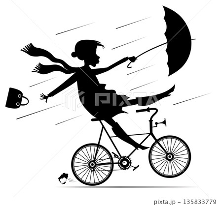 Rainy and windy day and woman rides a bike. Bad weather. Young woman with an umbrella rides a bike under strong wind and rain. Black and white illustration Rainy and windy day and woman rides a bike. Bad weather. Young woman with an umbrella rides a bike under strong wind and rain. Black and white illustration 135833779