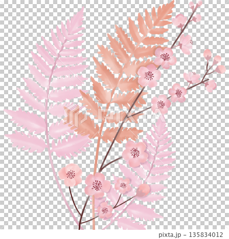 Watercolor illustration of soft pink sakura blossoms combined with fern leaves  in gentle pastel tones for Valentines Day. 135834012