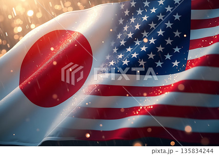日本と米国の国旗を光が降り注ぐ ai 135834244