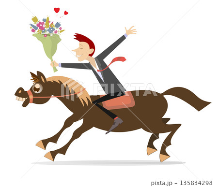 Happy young man rides horse. Young man with bunch of flowers rides horse Happy young man rides horse. Young man with bunch of flowers rides horse 135834298