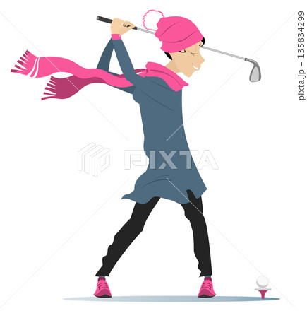 Cold weather. Golfer woman on the golf course. Cheerful golfer young woman in the warm cloth aiming to do a good shot 135834299