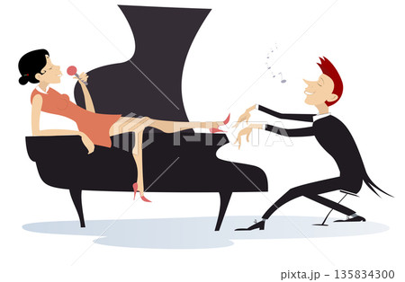 Two musicians. Singer woman and pianist man.  Duet of musicians. Pianist man and singer woman with microphone 135834300