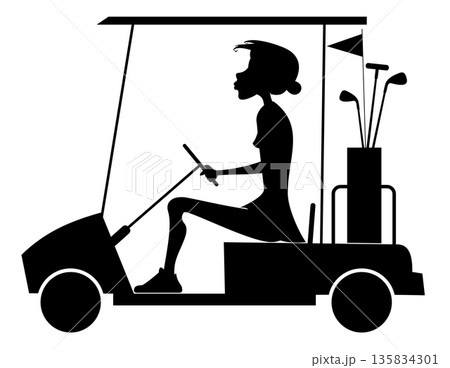 Gofer woman in the golf cart.  Young woman going to play golf in the golf cart. Black on white silhouette 135834301