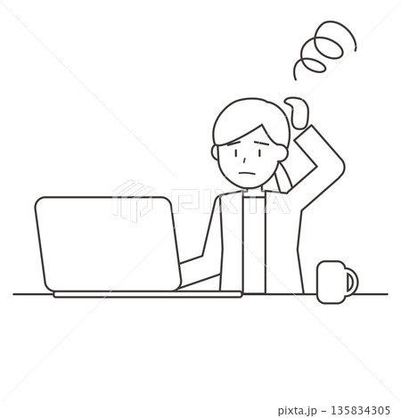 作業に悩む女性の線画イラスト パソコン前で困った表情 作業に悩む女性の線画イラスト パソコン前で困った表情 135834305