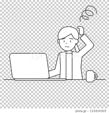 作業に悩む女性の線画イラスト パソコン前で困った表情 作業に悩む女性の線画イラスト パソコン前で困った表情 135834305