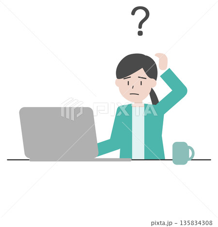疑問を抱える女性のイラスト パソコン作業中に悩むビジネスシーン 疑問を抱える女性のイラスト パソコン作業中に悩むビジネスシーン 135834308