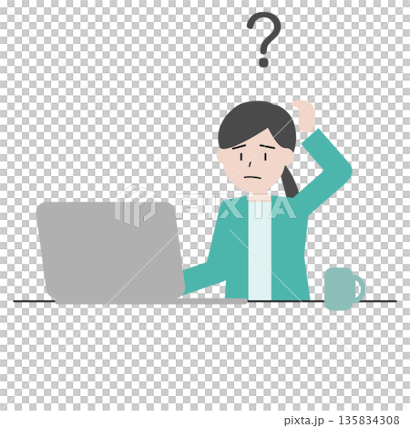 疑問を抱える女性のイラスト パソコン作業中に悩むビジネスシーン 疑問を抱える女性のイラスト パソコン作業中に悩むビジネスシーン 135834308