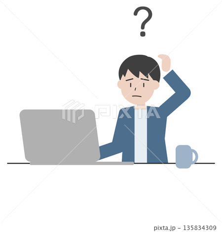 疑問を抱える男性のイラスト パソコン作業で悩むビジネスシーン 疑問を抱える男性のイラスト パソコン作業で悩むビジネスシーン 135834309