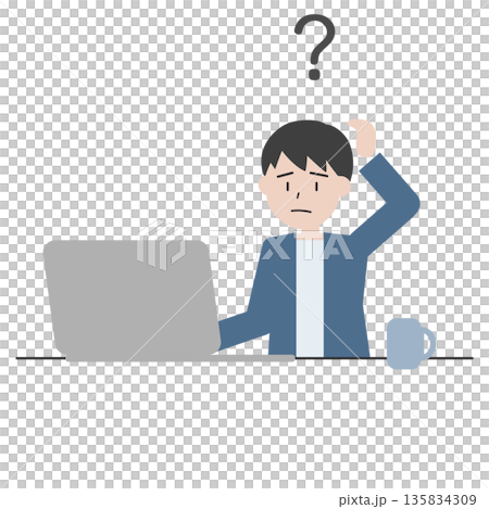 疑問を抱える男性のイラスト パソコン作業で悩むビジネスシーン 疑問を抱える男性のイラスト パソコン作業で悩むビジネスシーン 135834309