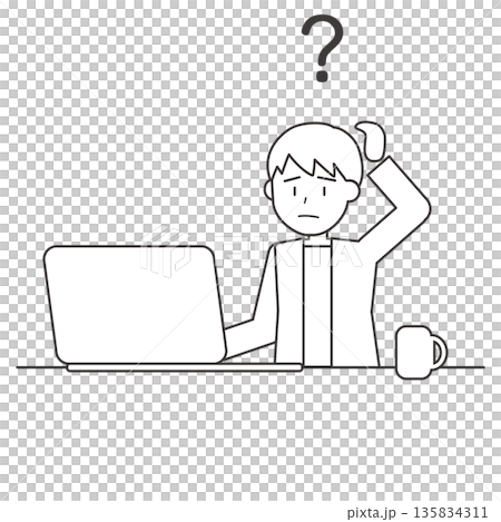 一幅線條畫，描繪了一個心存疑慮、在使用電腦時遇到困難的男人。 135834311